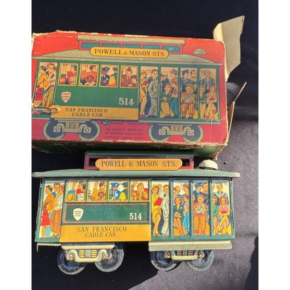 Rare POWELL & MASON STS SAN FRANCISCO CABLE CAR TROLLEY FRICITON TIN TOY JAPAN - Picture 2 of 11
